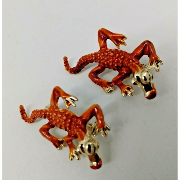 Alligator Crocodile Red & Orange Enamel Gold Tone Metal Reptile Brooches(2) - Picture 6 of 8